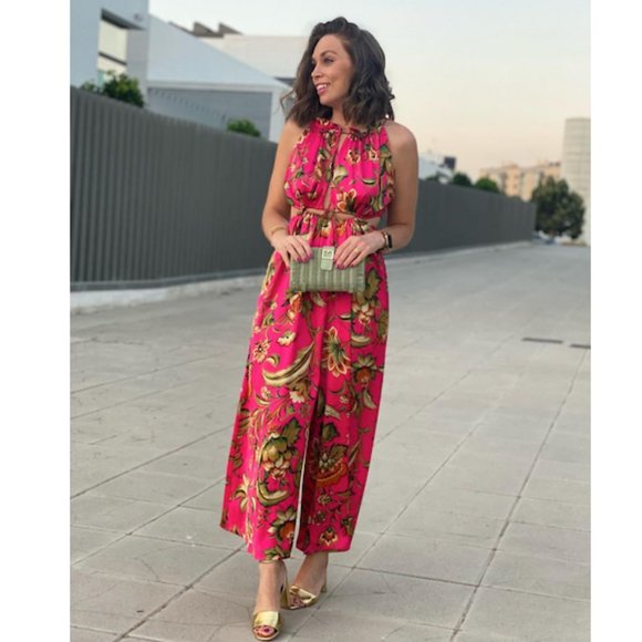 BLOGGER'S FAVE! Zara Cut Out Printed Jumpsuit Barbie Pink Sz S NWT - Picture 8 of 16